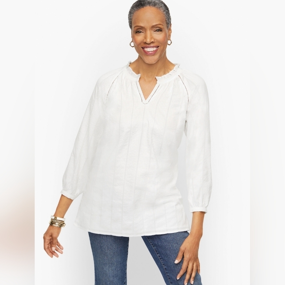 Talbots Seersucker Ruffle Tunic Womens Small White Blouse Pullover Lined $89.50